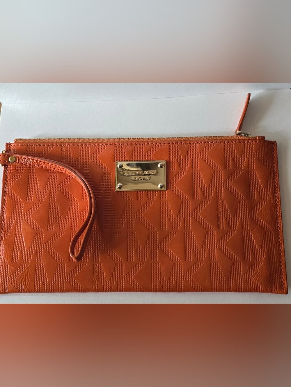 Michael Kors Embossed Orange Leather Wristlet Clutch Monogram